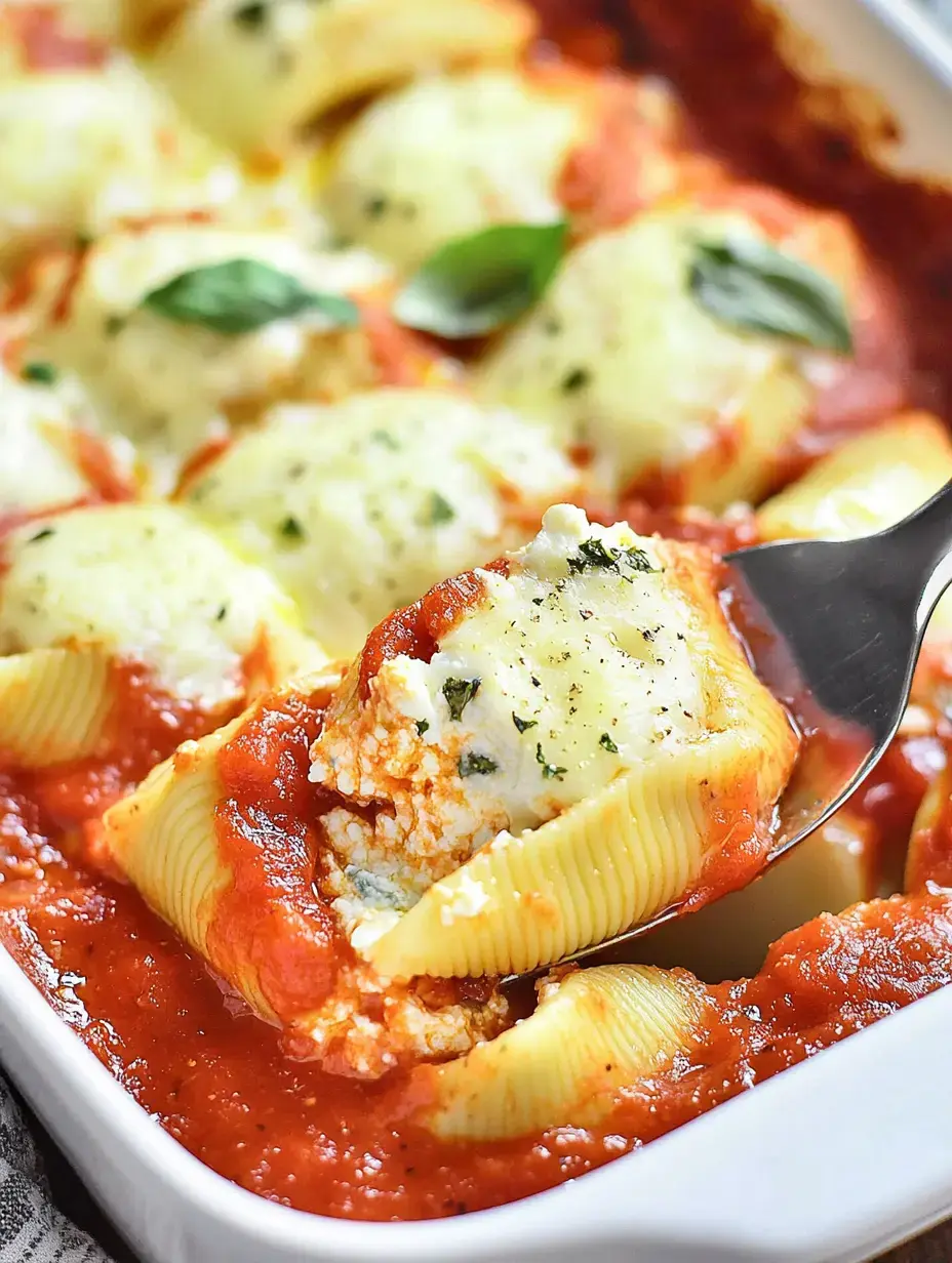 A scoop of pasta shells bubbling with cheese and sprinkled with basil, swimming in tomato sauce.