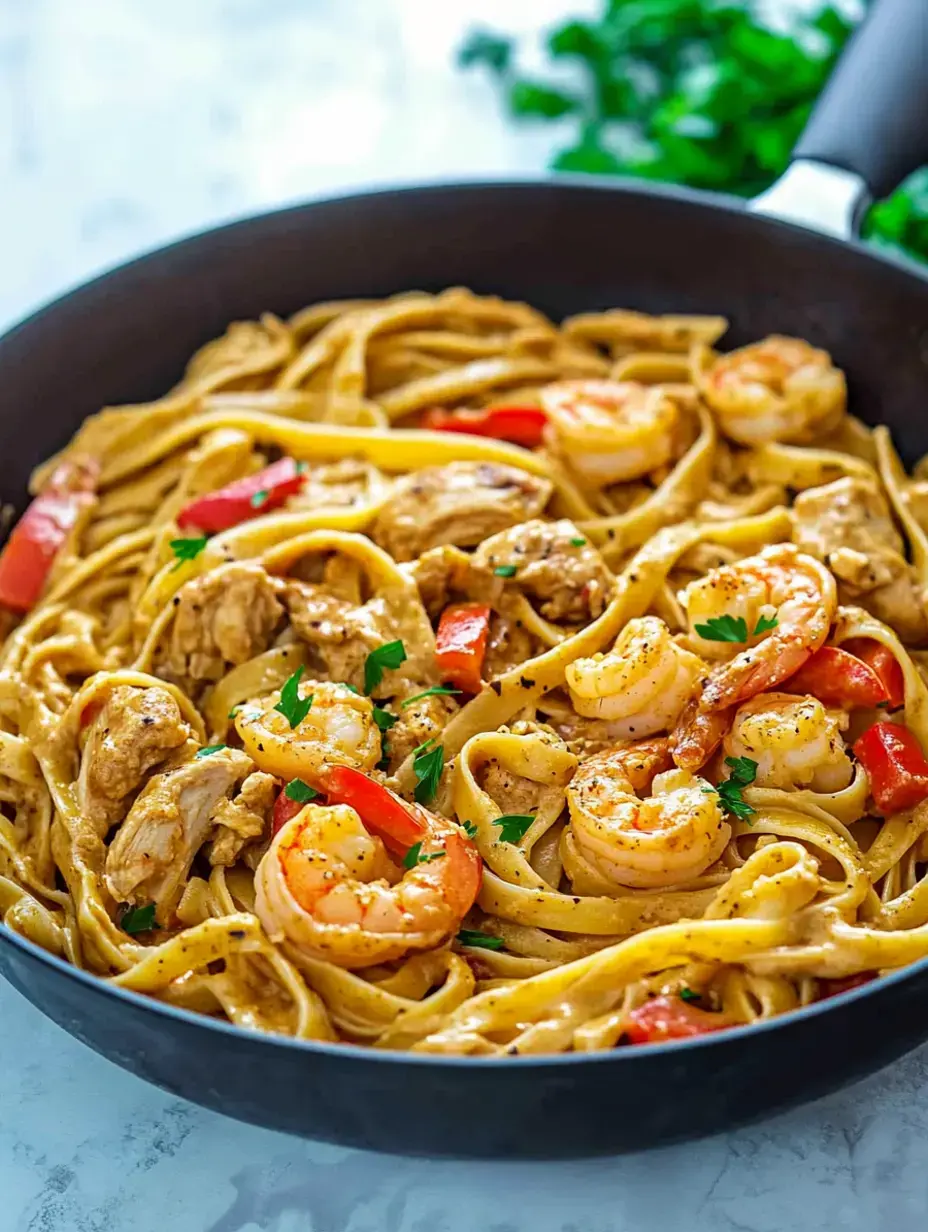 Creamy fettuccine loaded with shrimp, juicy chicken, colorful peppers, and sprinkled parsley in a big skillet.