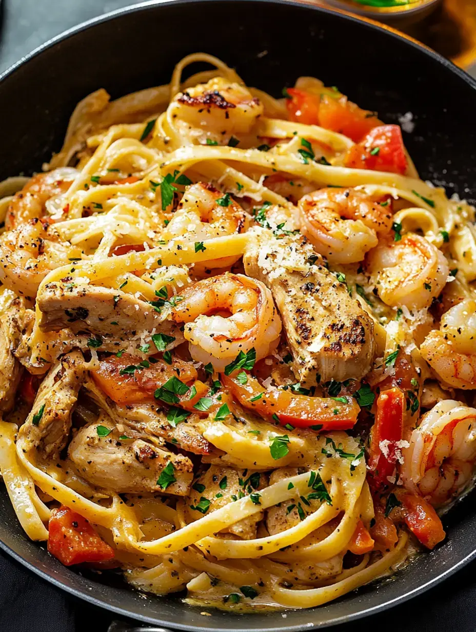Bowl of creamy fettuccine with shrimp, chicken, peppers, cheese, and bright green parsley.