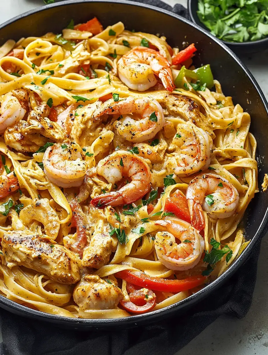 Black pan packed with creamy chicken and shrimp fettuccine, topped with peppers and parsley.