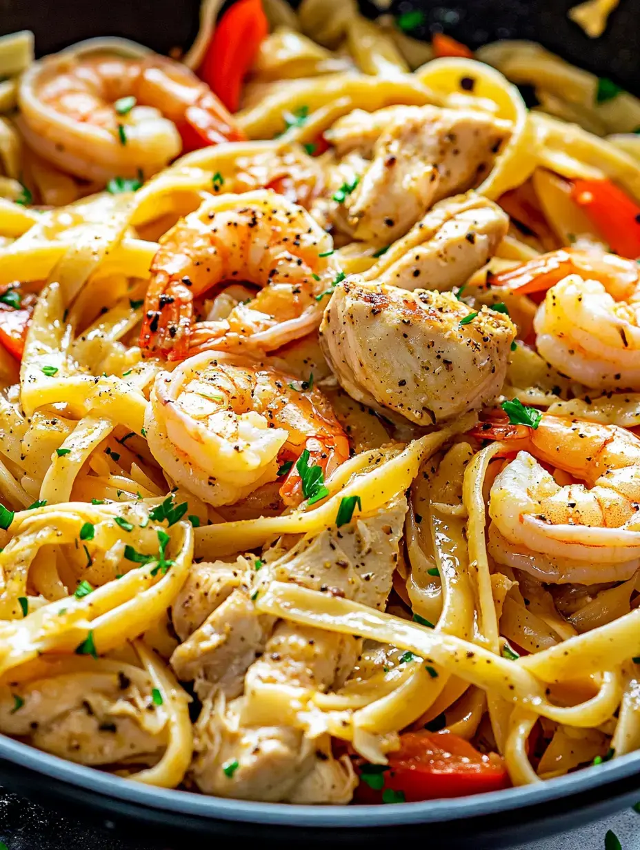 Big bowl of fettuccine tossed with shrimp, chicken, peppers, fresh herbs, and a good sprinkle of cheese.
