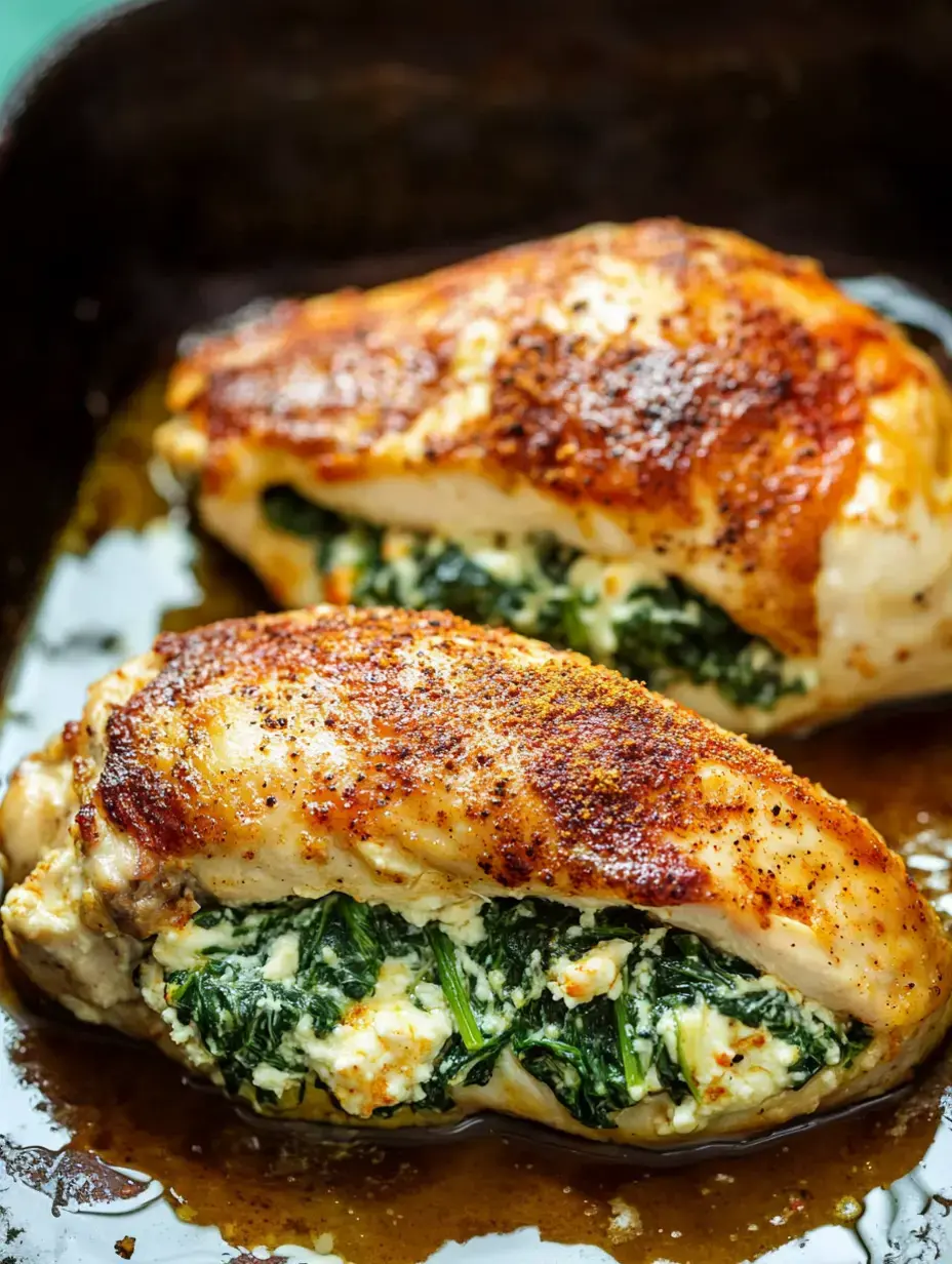 Two chicken breasts stuffed with cheese and spinach chilling in a dark roasting pan, glazed and ready to eat.