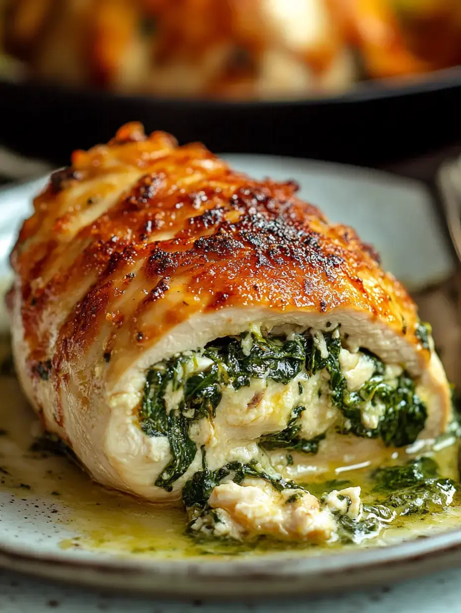 Close view of a stuffed chicken breast, golden brown crust and creamy spinach filling on show, served on a plate.