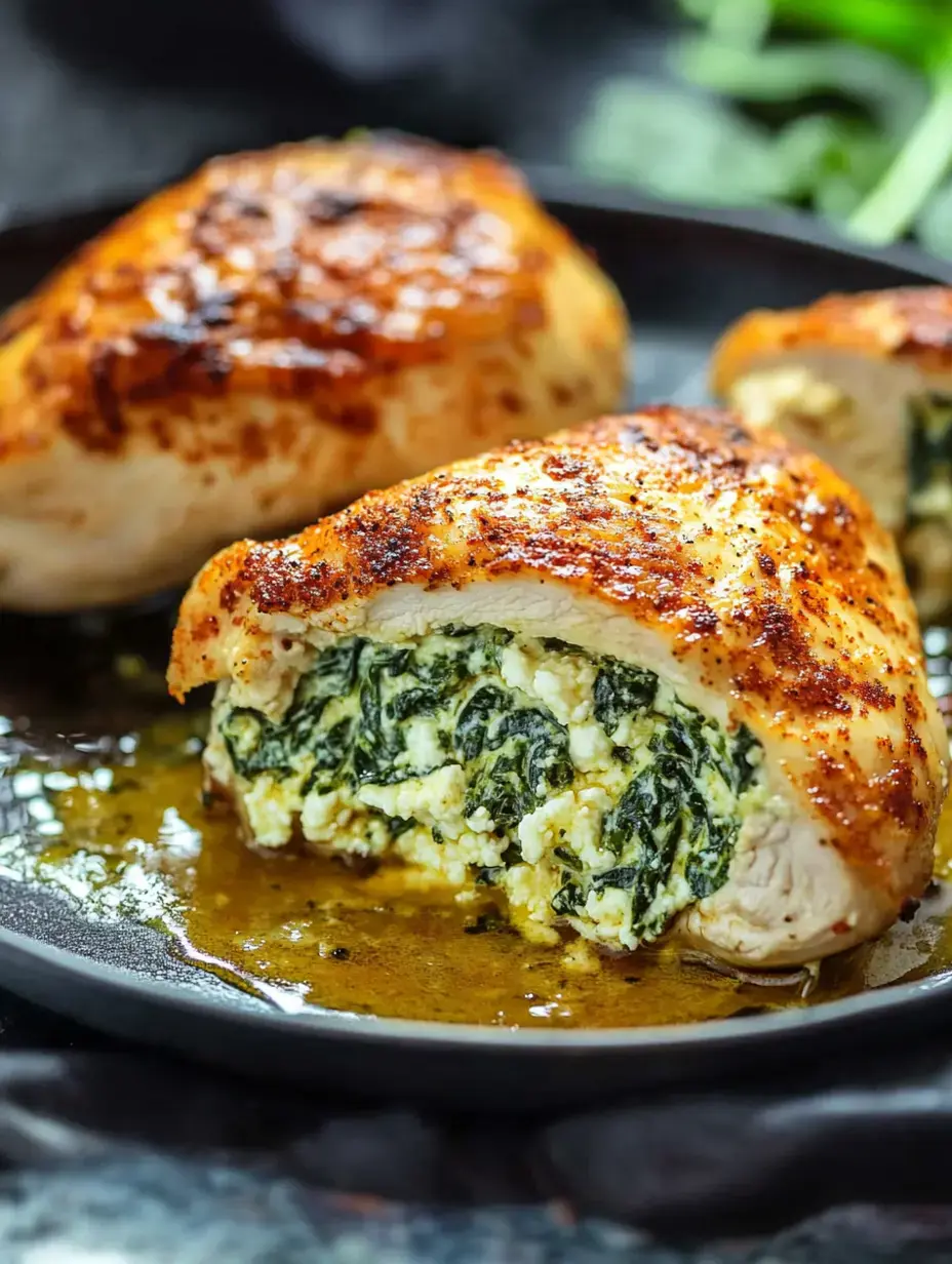 Golden-brown chicken breasts, one sliced open to show cheesy spinach inside, on a dark plate with lots of sauce.