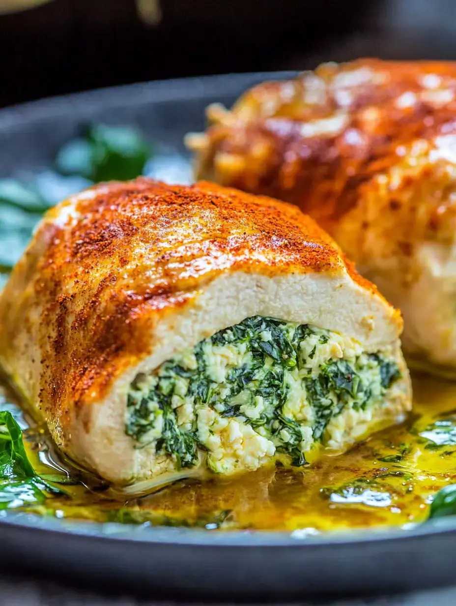 Cut chicken breast showing melty spinach cheese filling on a dark plate, finished with sauce drizzles.