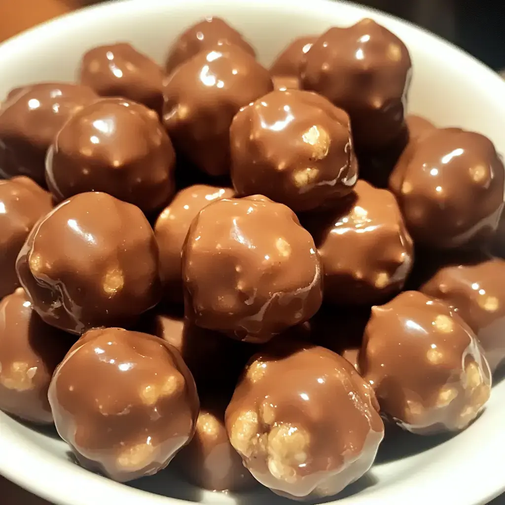 A bowl filled with glossy chocolate-coated balls, neatly stacked.