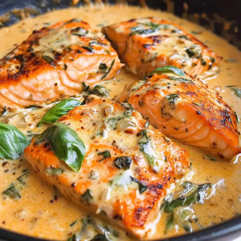 Four pan-fried salmon pieces covered in a rich sauce with herbs, topped with fresh basil leaves.