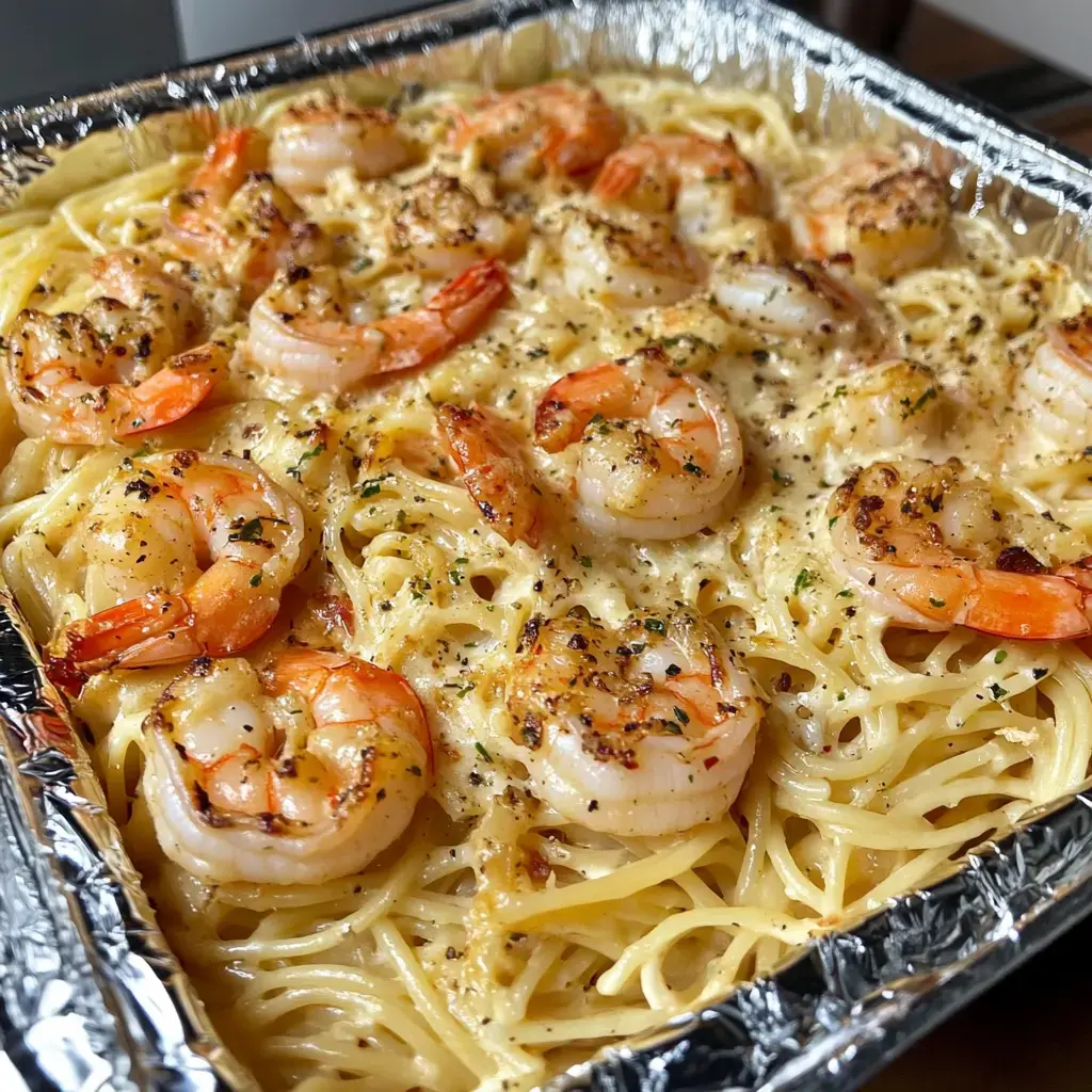 Golden-fried shrimp served over pasta in creamy white sauce with herbs.