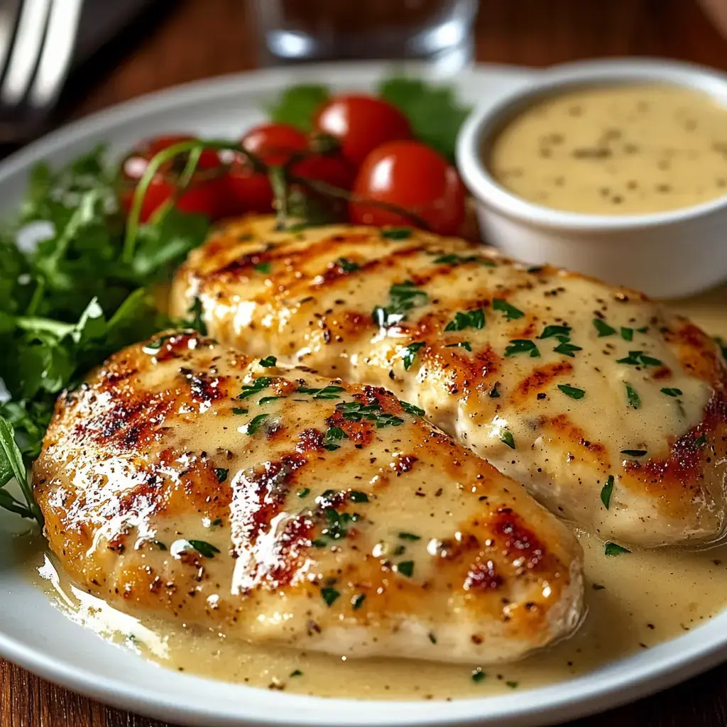 Crispy chicken sprinkled with parmesan, served with greens and juicy cherry tomatoes on a white plate.