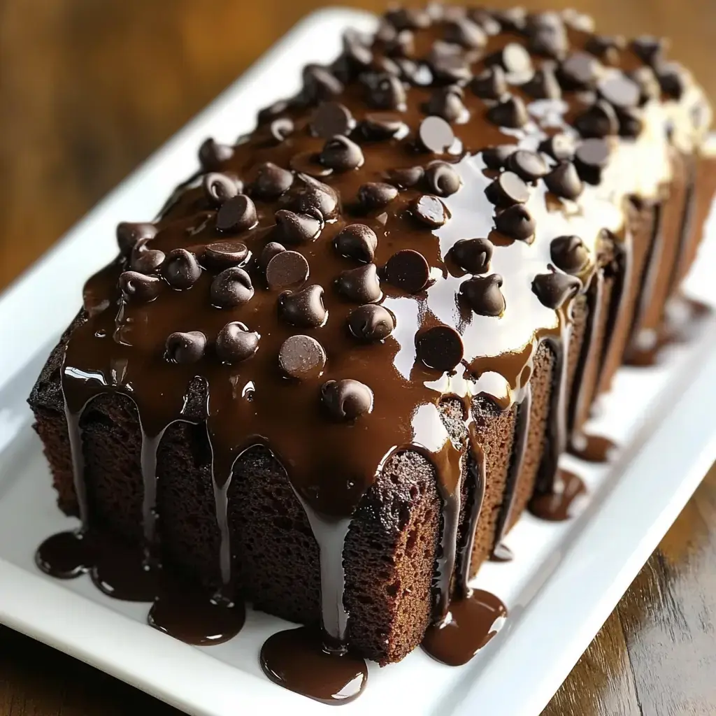 A glossy loaf of chocolate bread topped with chocolate chips sitting on a white plate.