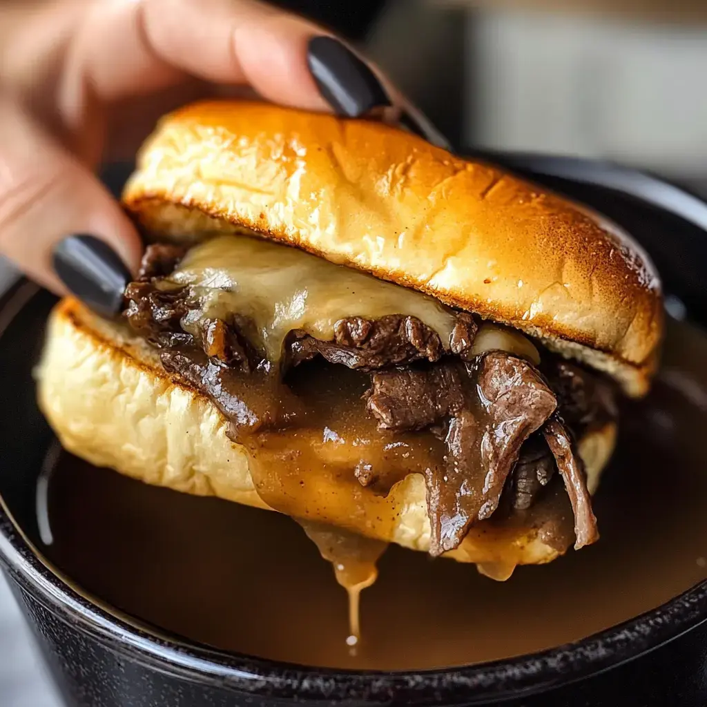 Holding a beefy cheesy sandwich above dipping broth, ready to enjoy.