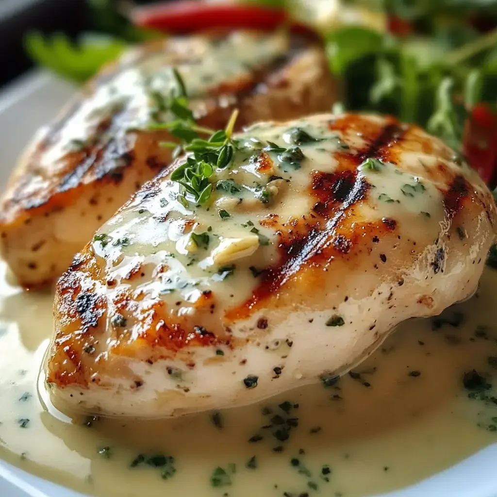 Creamy herb-covered chicken breasts with a fresh green side dish.