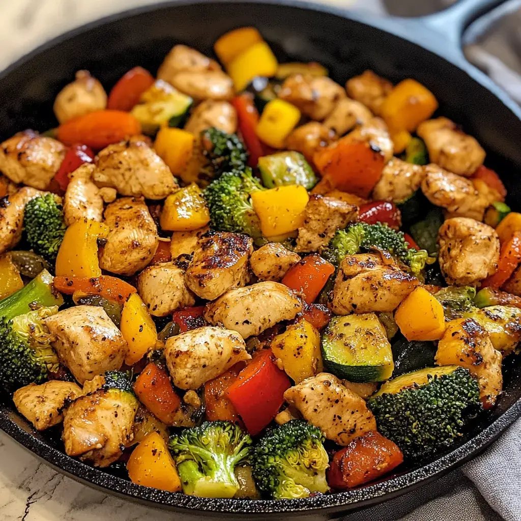 A single-pan meal with browned chicken and bright veggies like zucchini, broccoli, and bell peppers.