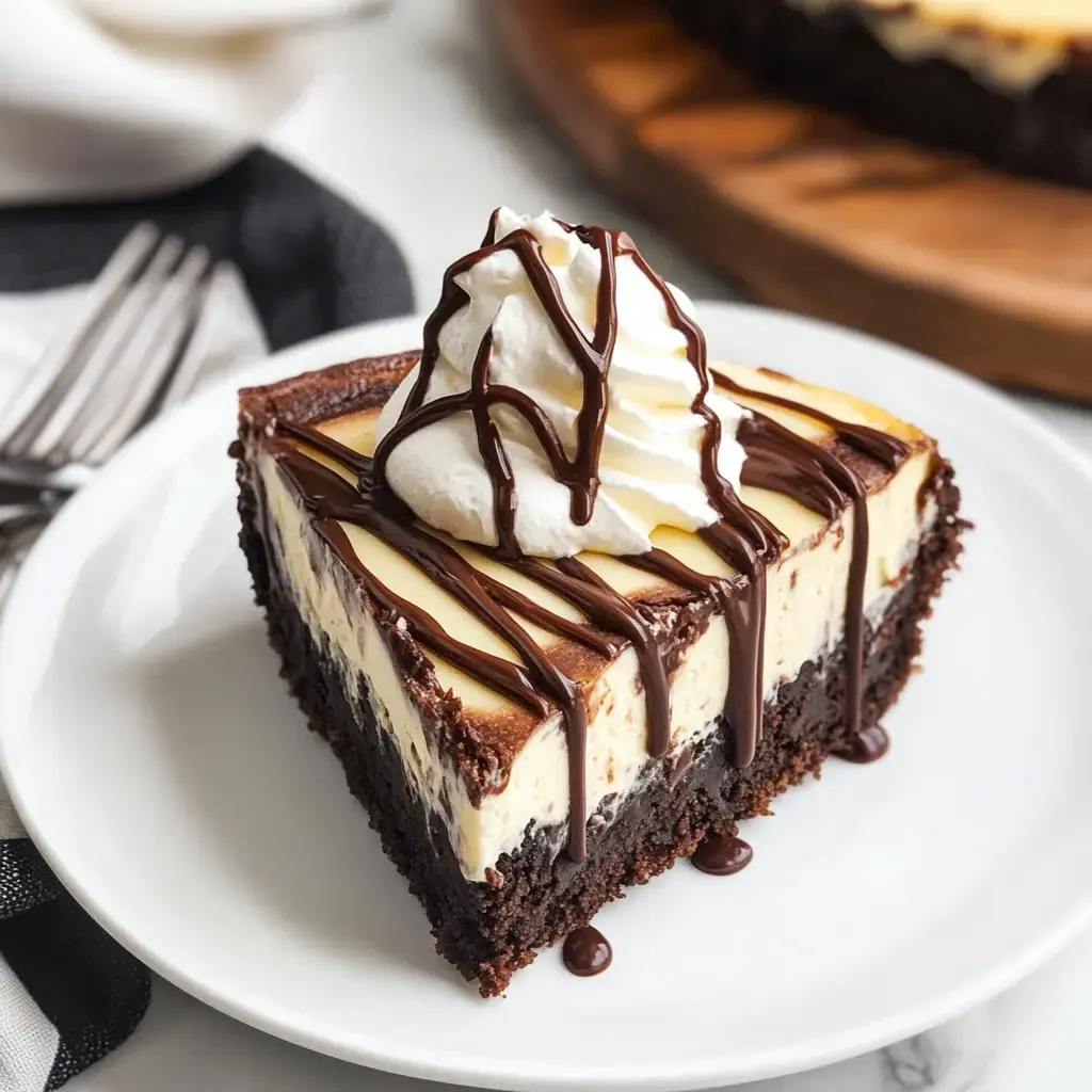 A creamy cheesecake with chocolate brownie base, topped with whipped cream and chocolate sauce on a white plate.