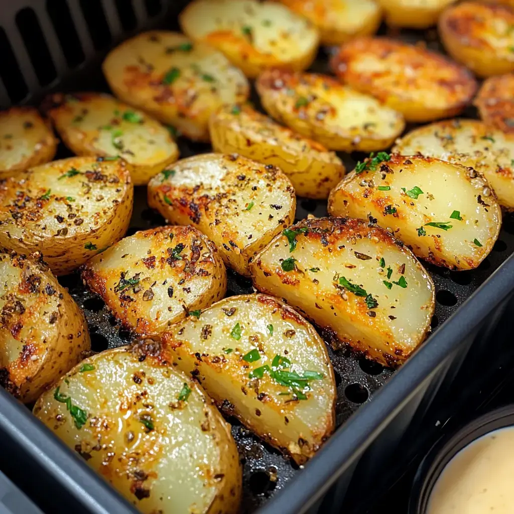 Close-up of crispy golden potato rounds sprinkled with fresh herbs, served in a black tray.