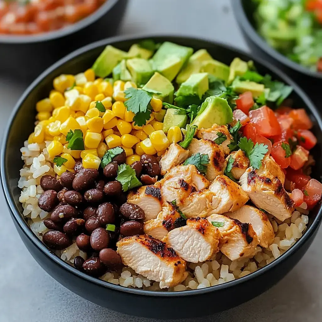 A vibrant bowl topped with grilled chicken, black beans, corn, diced tomatoes, sliced avocado, and cilantro resting over rice.