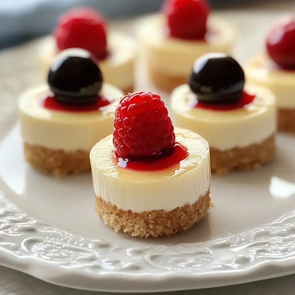 Mini cheesecakes on a plate with raspberries and cherries topped with syrup.