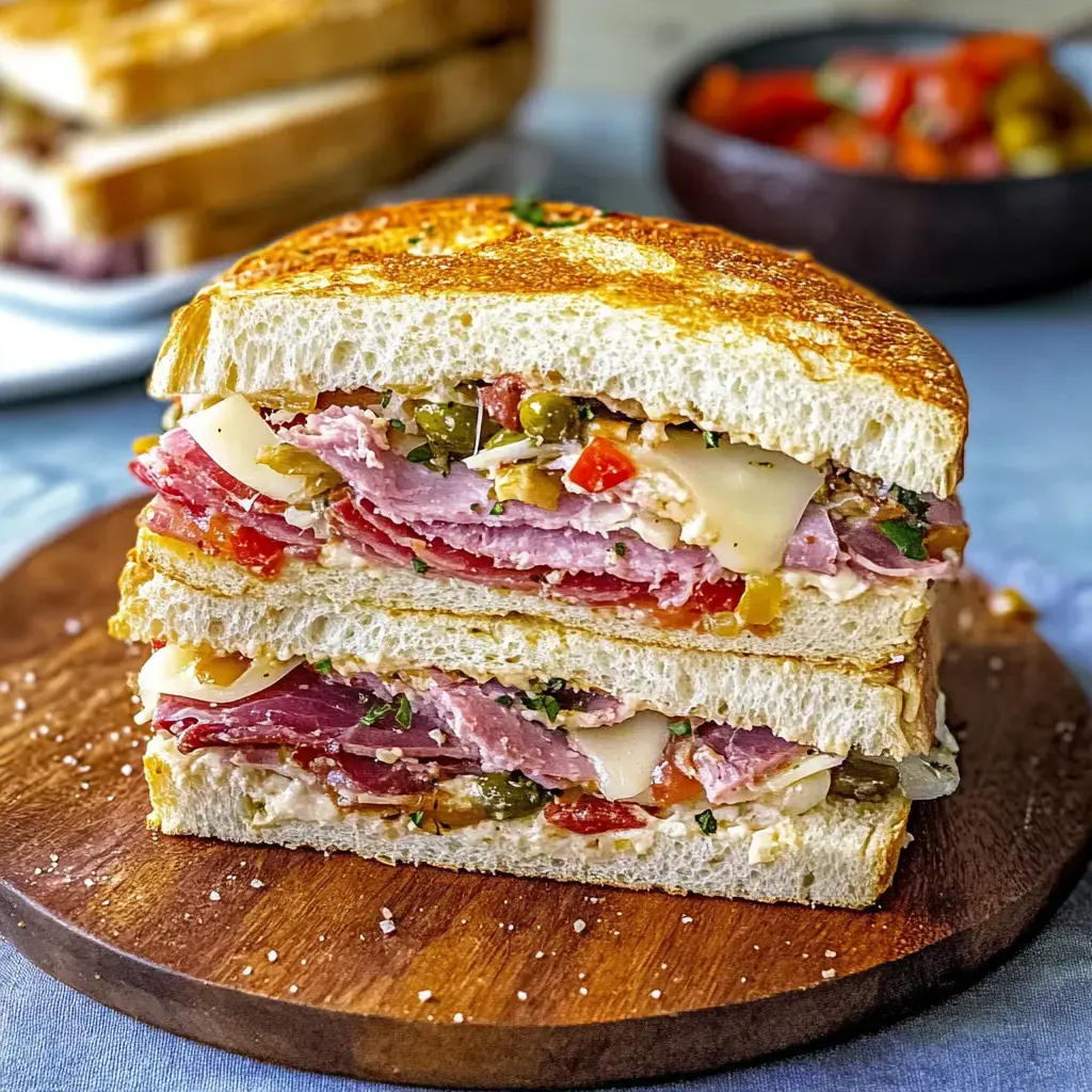 Layers of meats, cheese, and olives in a sandwich on a wooden board.