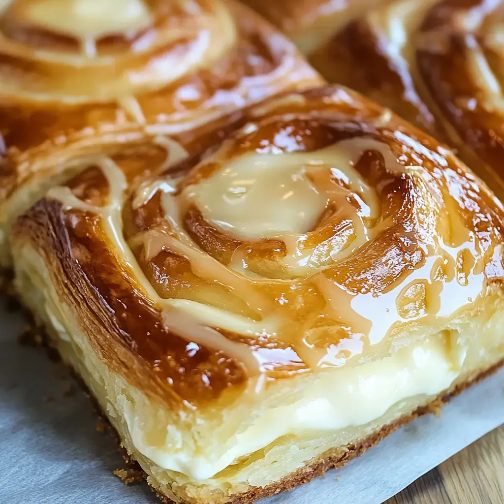 A close-up view of a golden, slightly glossy danish filled with smooth cream cheese on wax paper.