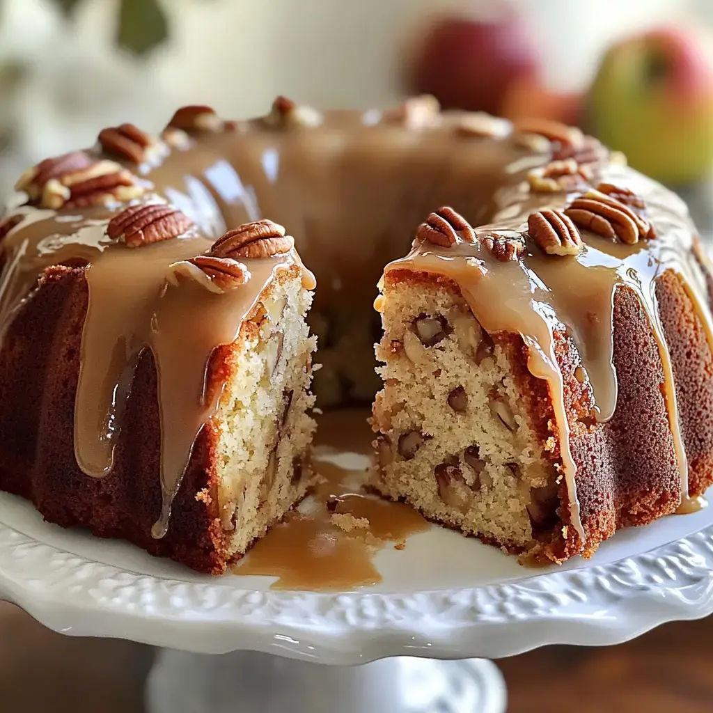 A sliced bundt cake with caramel glaze drizzling down and pecans on top.