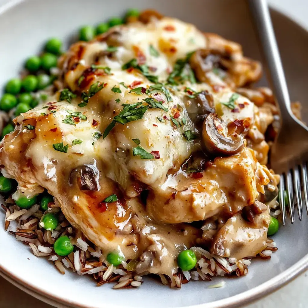 Chicken smothered in melted cheese and onions with a side of rice and peas, garnished with herbs and red pepper flakes.