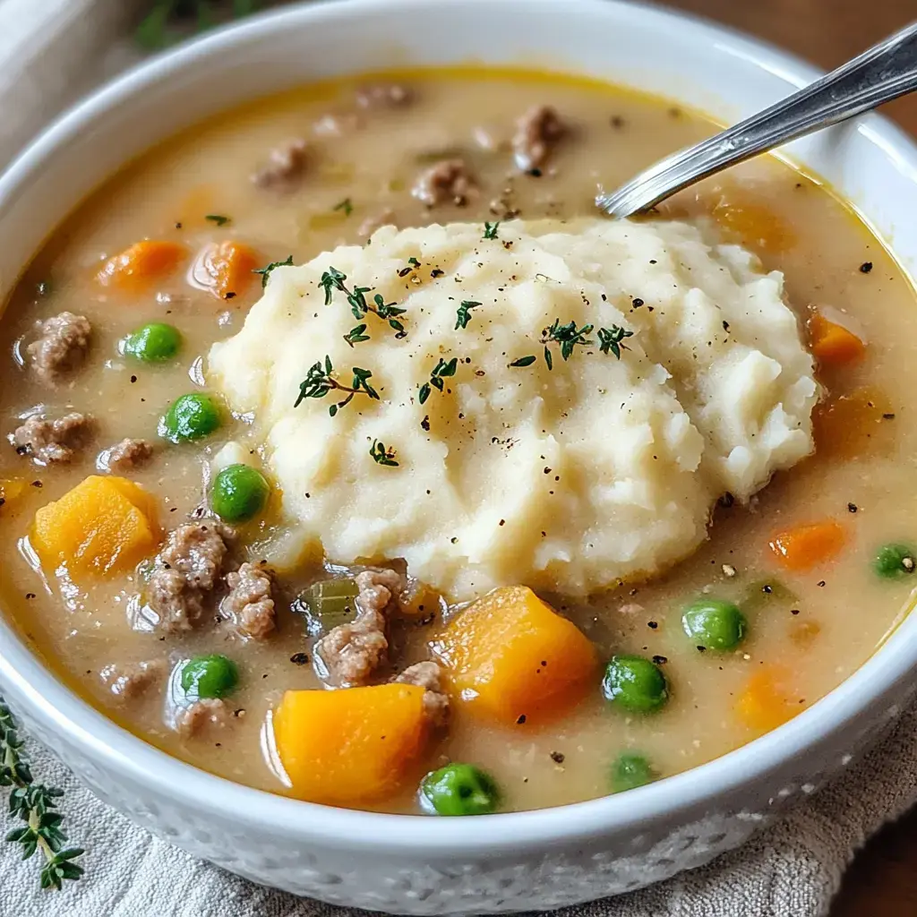 A steaming bowl of rich soup with ground meat, veggies, and a dollop of creamy mashed potatoes sprinkled with herbs.