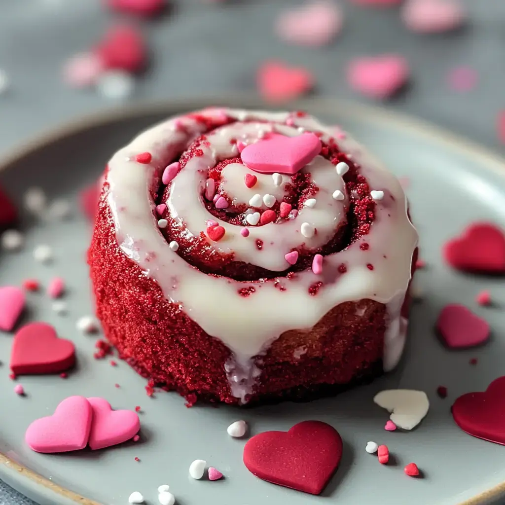 A close-up of a frosted red velvet roll with colorful heart sprinkles sitting on a gray dish.