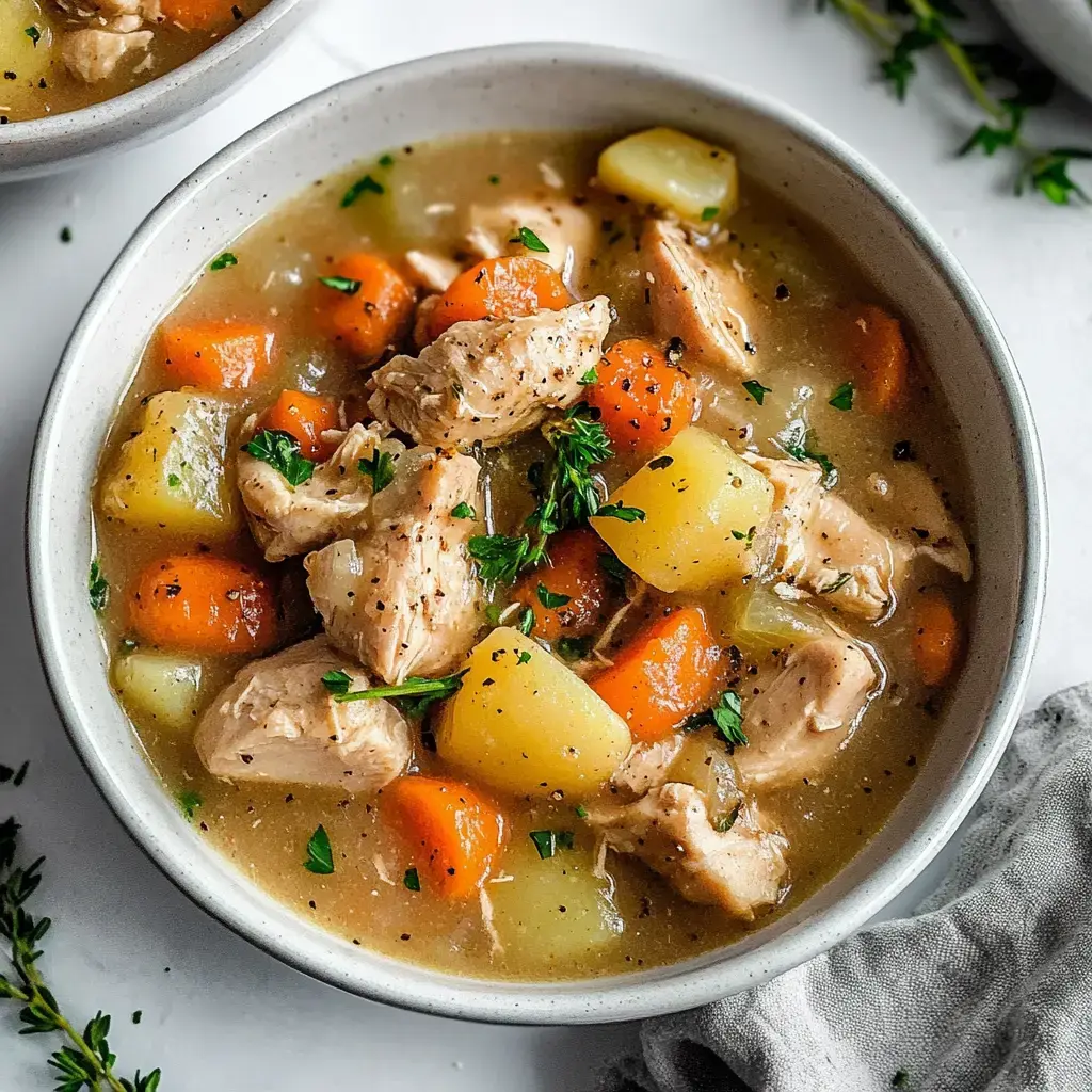 A comforting bowl of chicken soup loaded with tender chunks of meat, potatoes, carrots, and fresh herbs in a creamy sauce.
