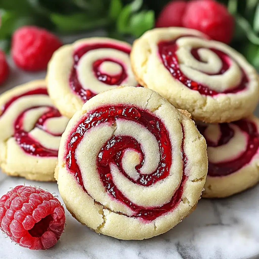 Close-up of raspberry-filled spiral cookies with a raspberry and blurred greenery in the background.