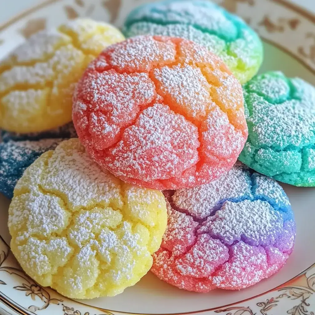 Pile of colorful cookies dusted in powdered sugar, sitting on a pretty plate.