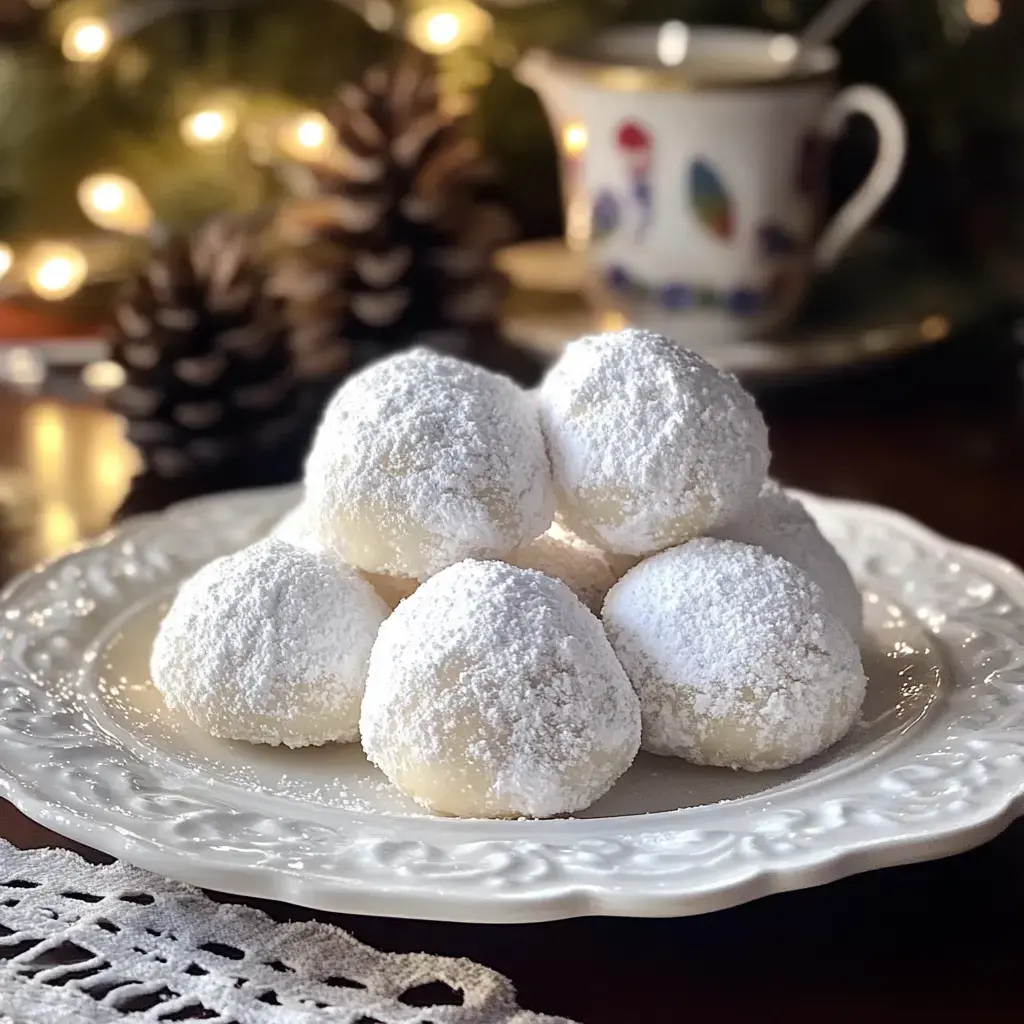 Round cookies covered in powdered sugar on a plate, surrounded by soft holiday decorations.