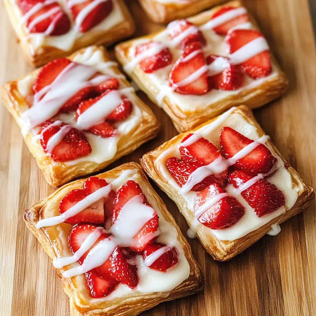 Close view of golden puff pastry squares with fresh berries and icing drizzle.
