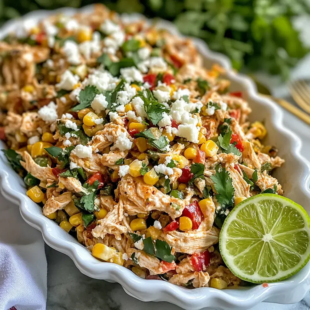 A vibrant mix of shredded chicken, corn, colorful peppers, herbs, and tangy cheese—served with lime on the side.