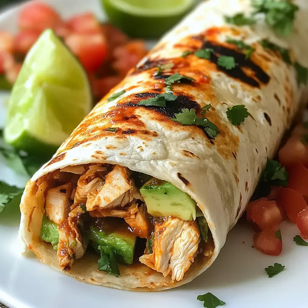 Grilled tortilla stuffed with chicken, avocado, and sauce, garnished with cilantro and served alongside lime and tomato chunks.