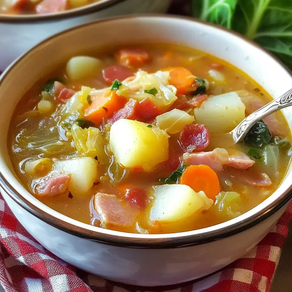 A hearty soup with bacon, potatoes, carrots, and cabbage topped with herbs in a bowl.
