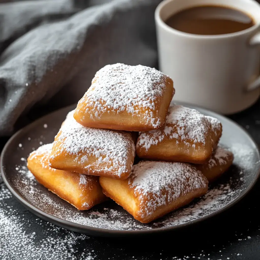 Golden sugar-coated pastries stacked on a plate with coffee beside them.