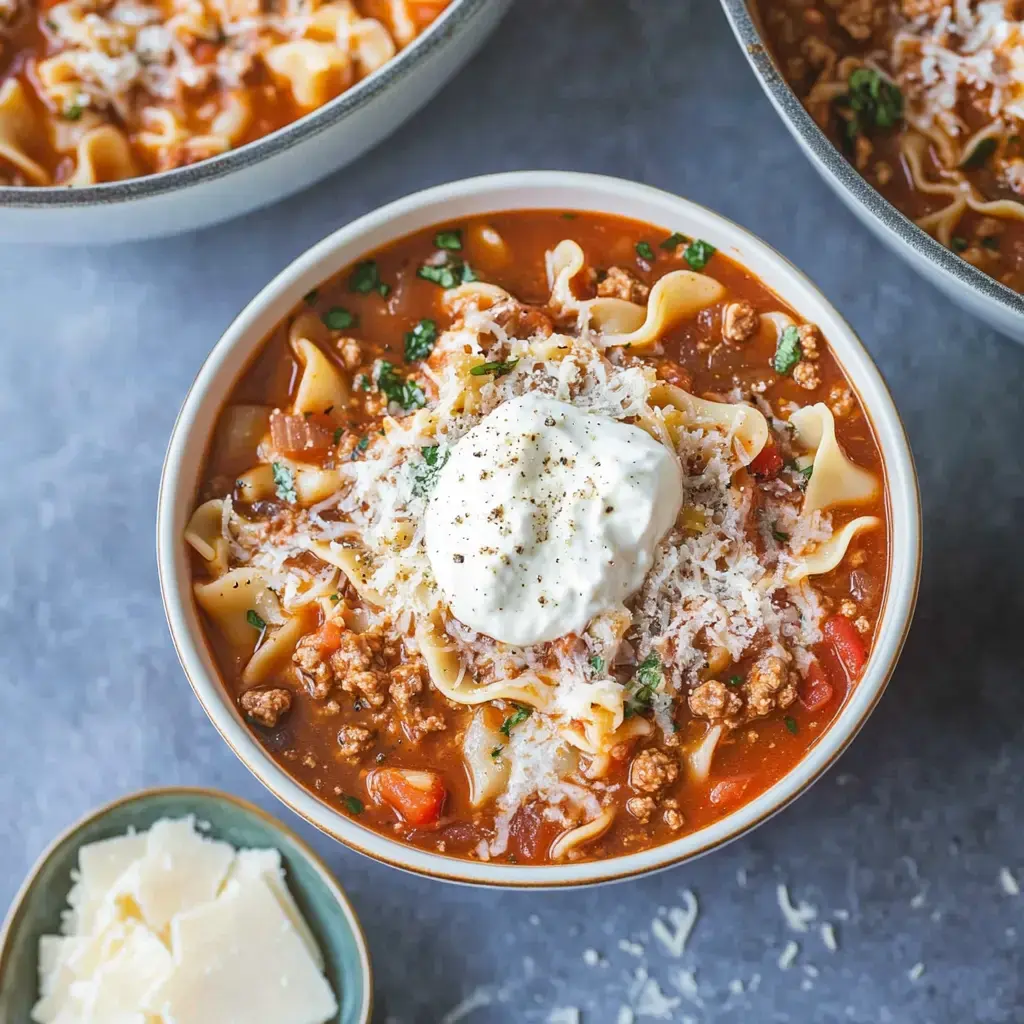 A comforting bowl of pasta stew with sour cream, shredded cheese, and fresh herbs served with a side dish of cheese.