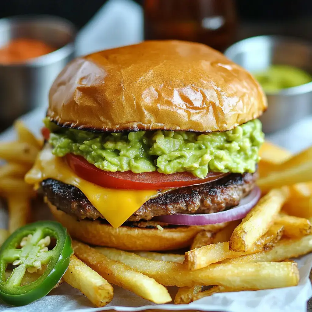 Close-up of a cheesy chicken burger with guacamole, tomato, onion, fries, and jalapeño.