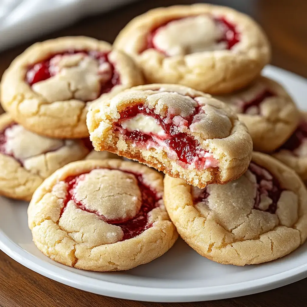 A plate of cookies bursting with cream and jam filling, one split in half to show the inside.