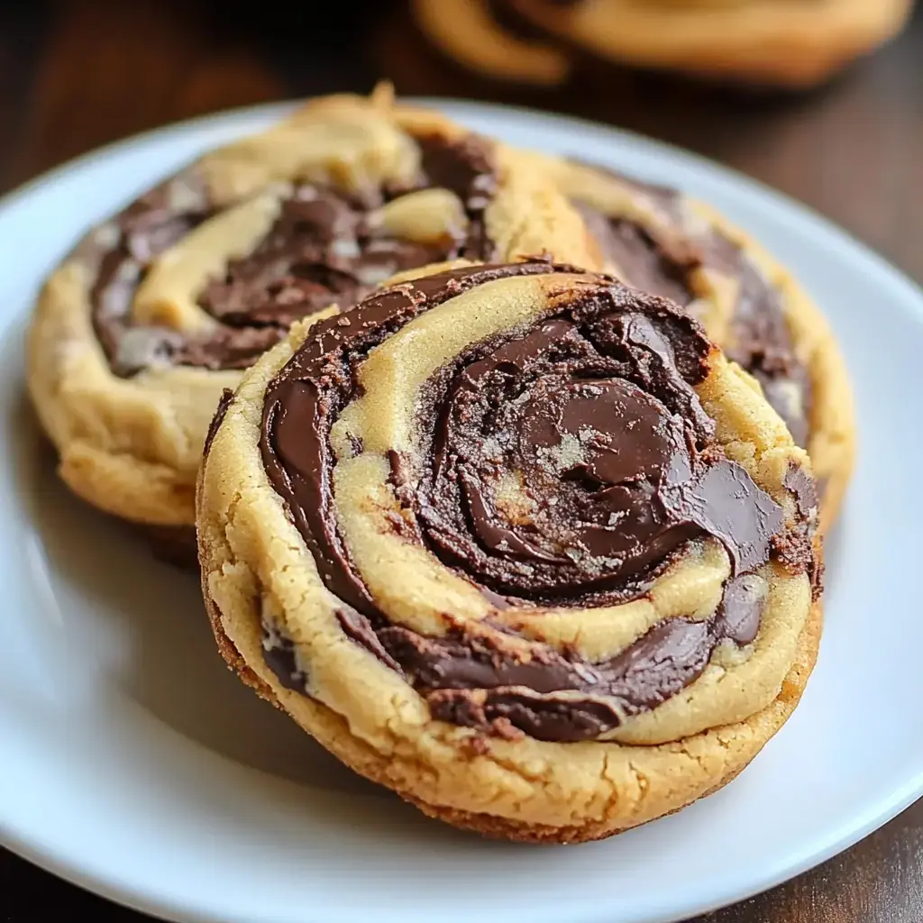 Two round cookies with a swirl mix of chocolate and peanut butter, highlighted on a white plate.