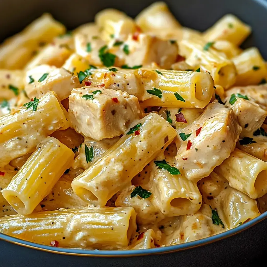 A plate with creamy rigatoni pasta topped with tender chicken and fresh parsley, finished with red pepper flakes.