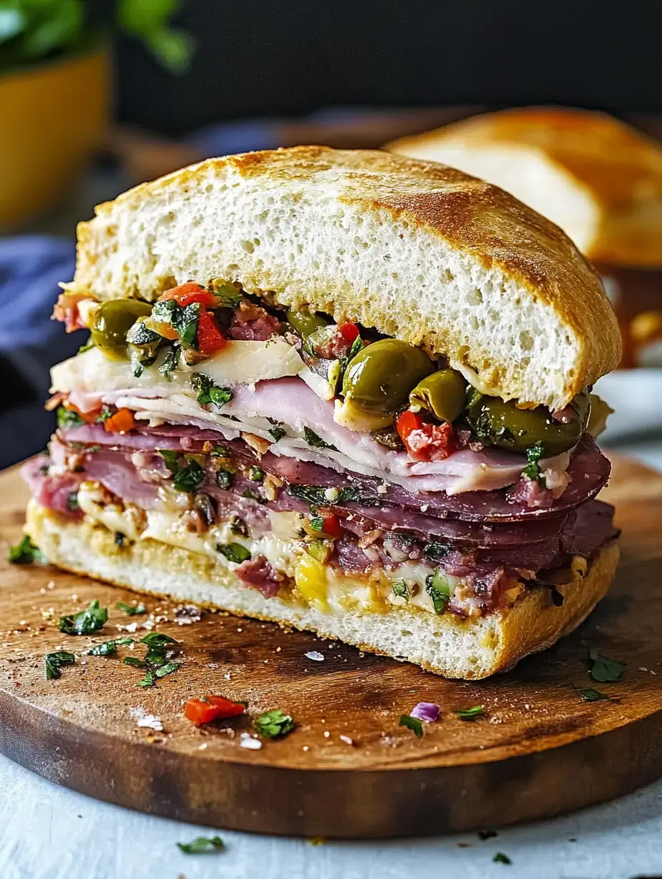 Close-up of a stacked sandwich packed with meats, cheese, and veggies on a wooden board.