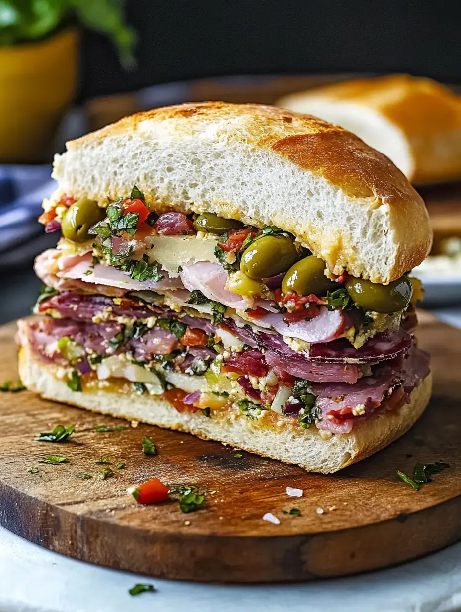Big sandwich cross-section with deli meats, cheese, olives, and herbs on a rustic board.