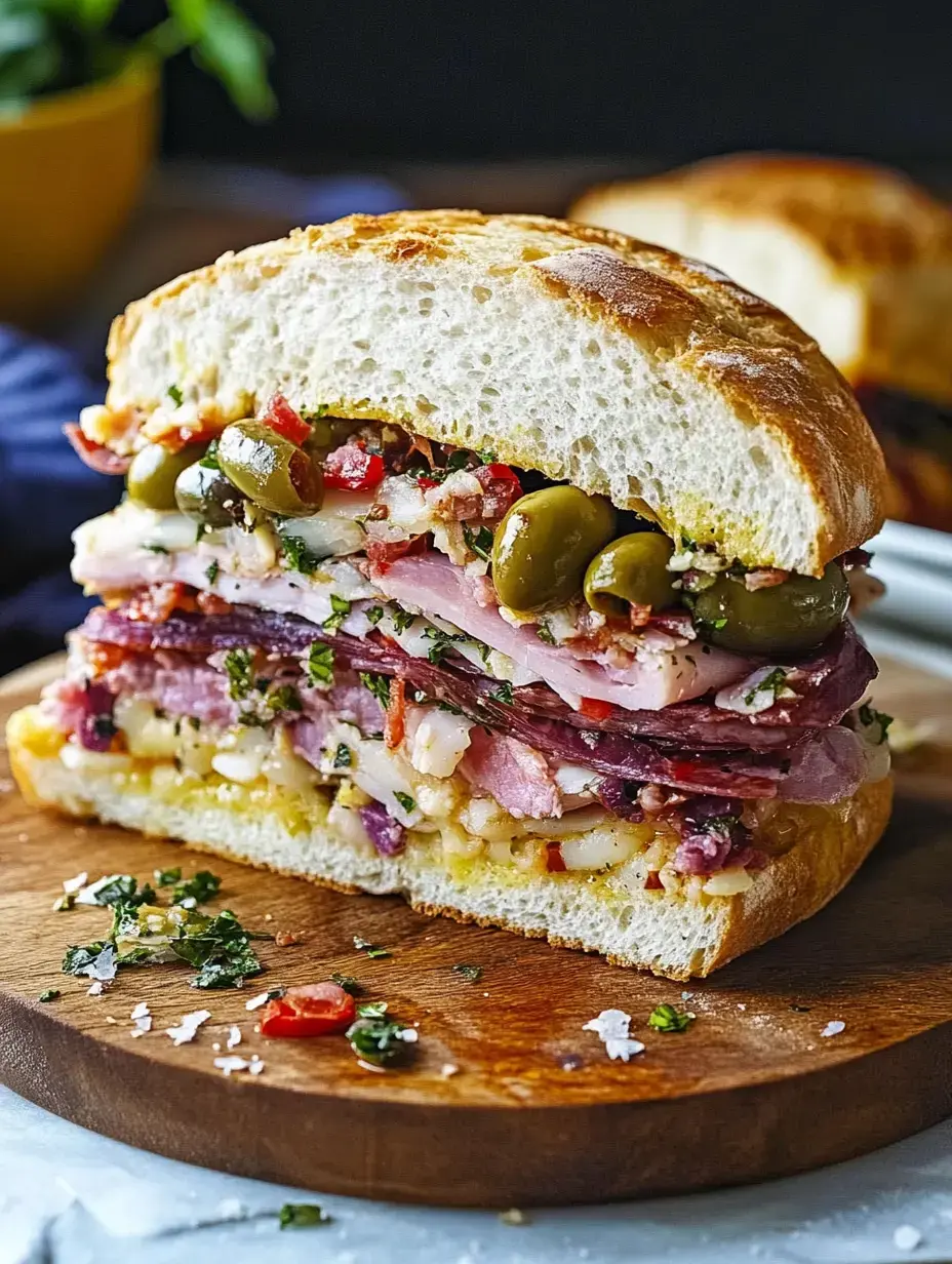 Layers of sliced meats, olives, and herbs packed in a sandwich on a wooden board.