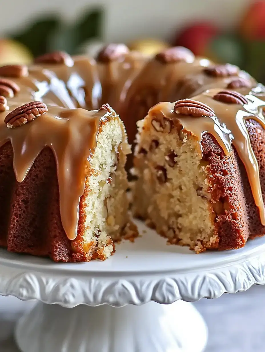 A chunky slice of bundt cake covered in caramel glaze and scattered with pecans on a white stand.