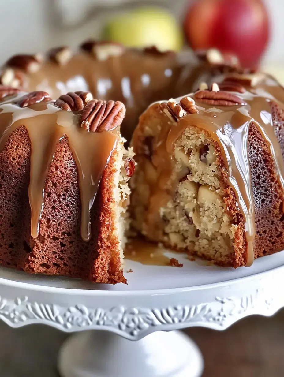 A chunky slice of bundt cake topped with a shiny caramel drizzle and scattered pecans on a white cake stand.