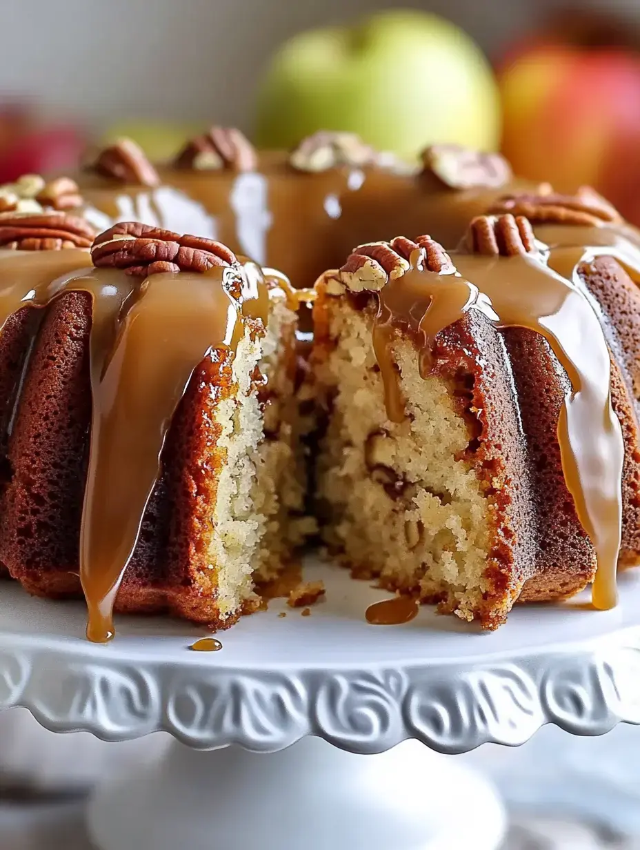 A hearty slice of bundt cake covered in caramel and pecans rests on a white cake stand with fresh apples in the back.