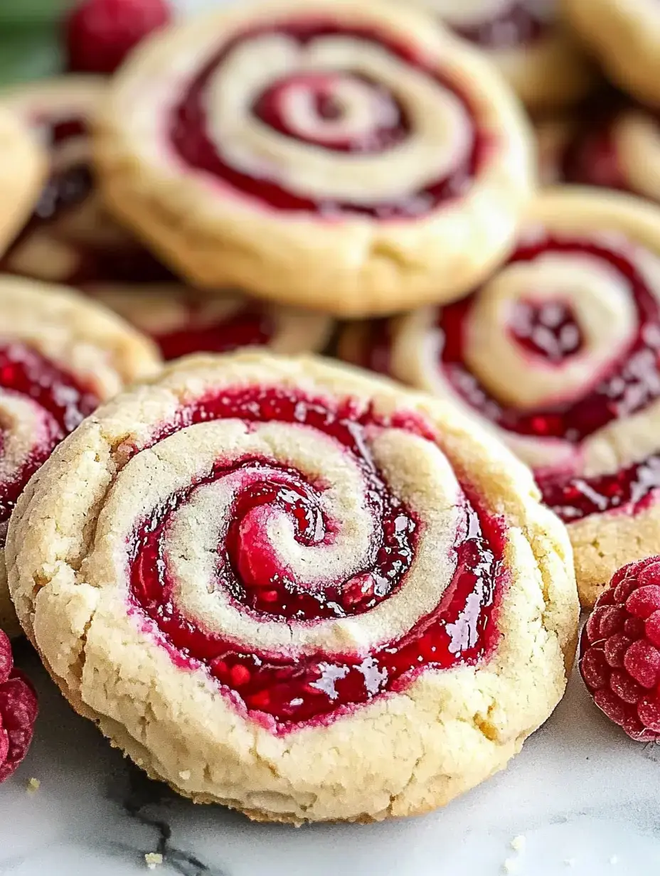 Zoomed-in spiral cookies packed with raspberry jam, fresh berries all around.