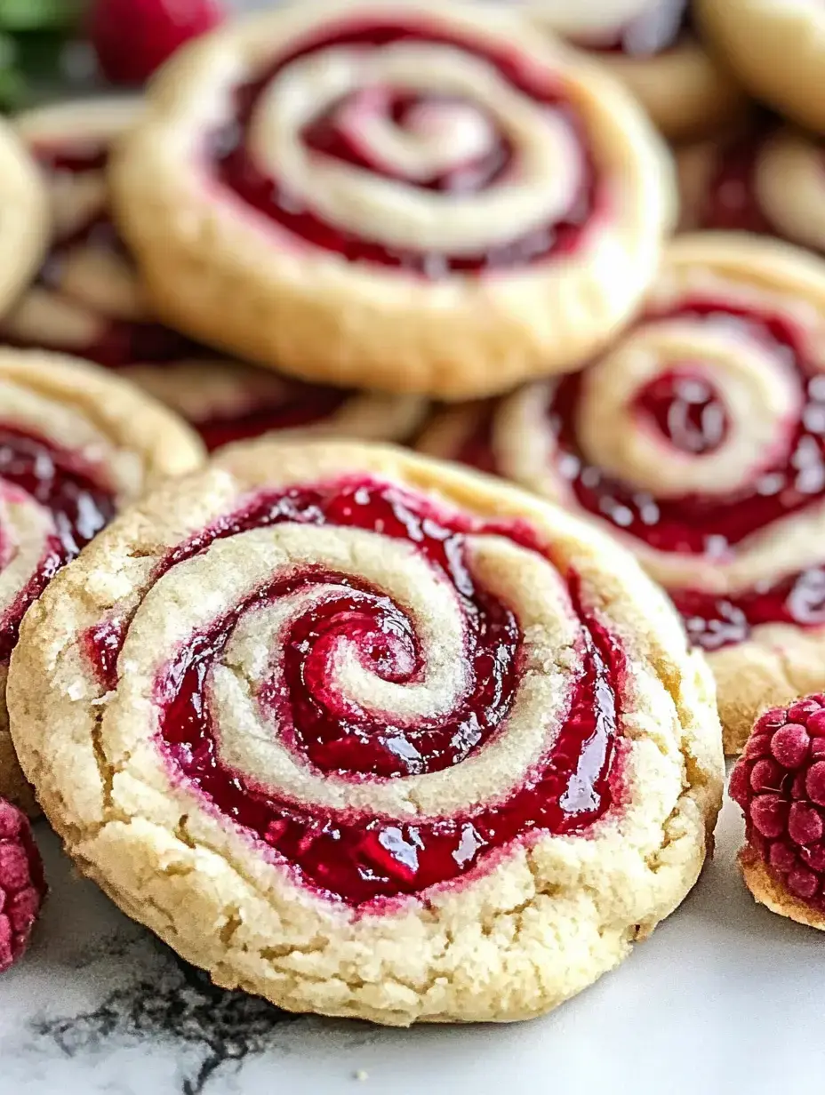 Close-up of jammy spiral cookies dotted with raspberries, swirl popping on light dough.