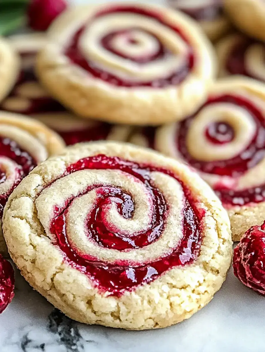 Spiral jam cookies close up with fresh raspberries packed around, bold red against the cookies.